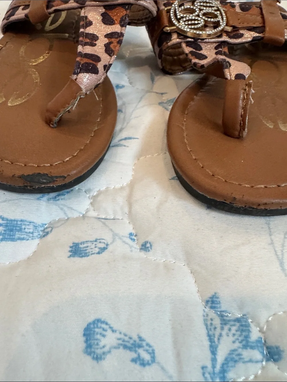 bebe Brown Leopard Print Girls' T-Strap Sandals with Rhinestone Emblem
